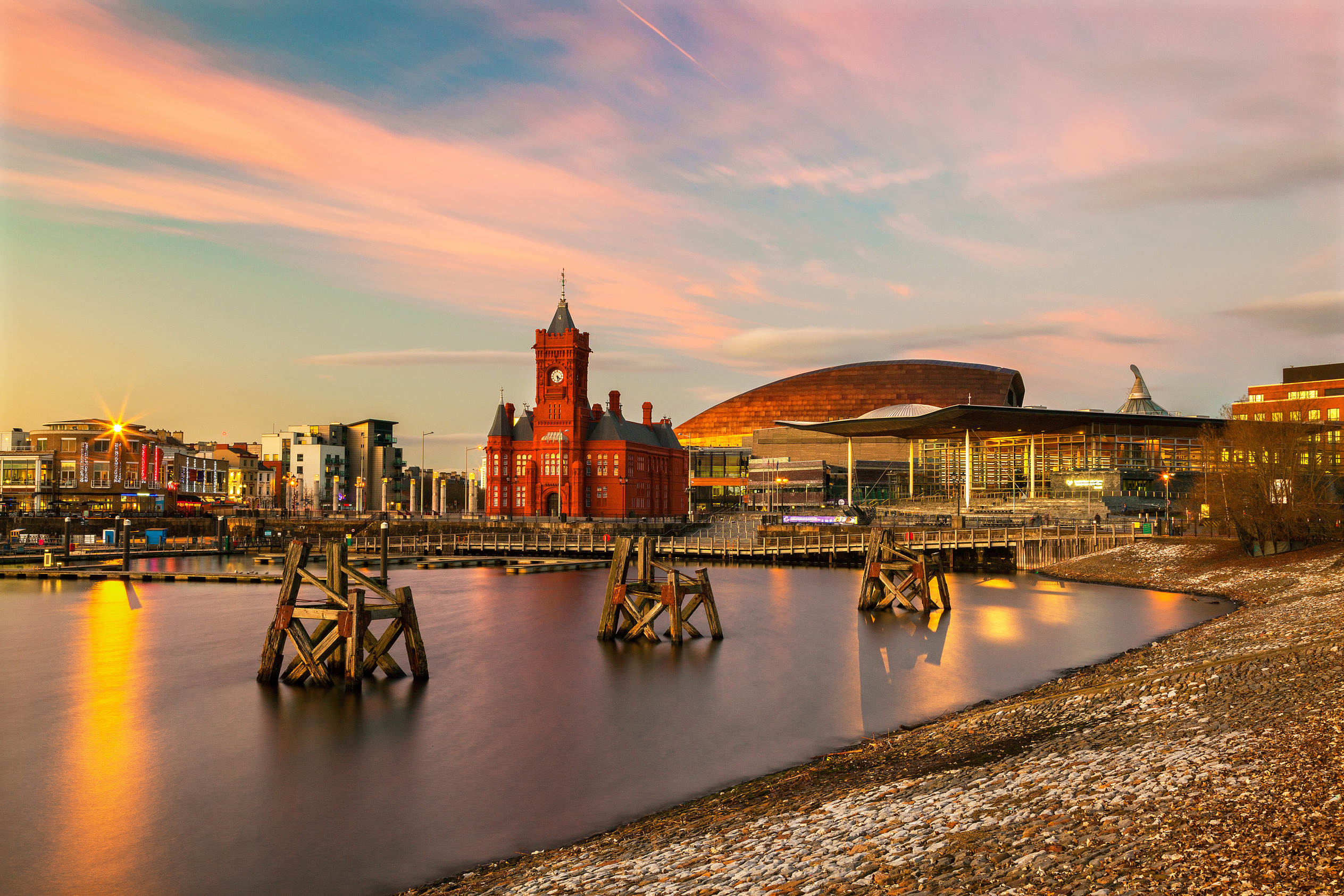Cardiff Bay at dusk, the Pierhead and Millennium Centre